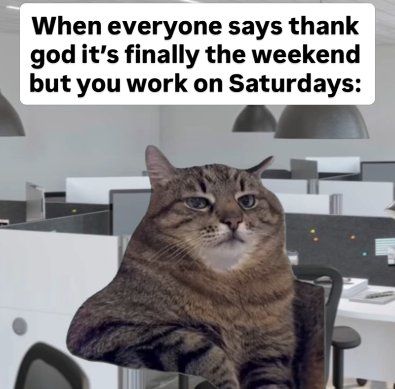 When everyone says thank god it's finally the weekend but you work on Saturdays:
