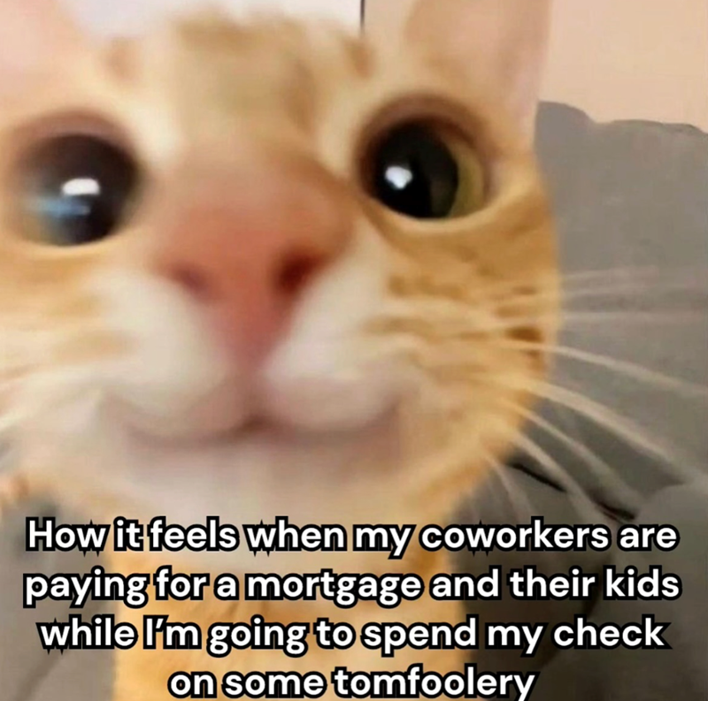 How it feels when my coworkers are paying for a mortgage and their kids while I'm going to spend my check on some tomfoolery