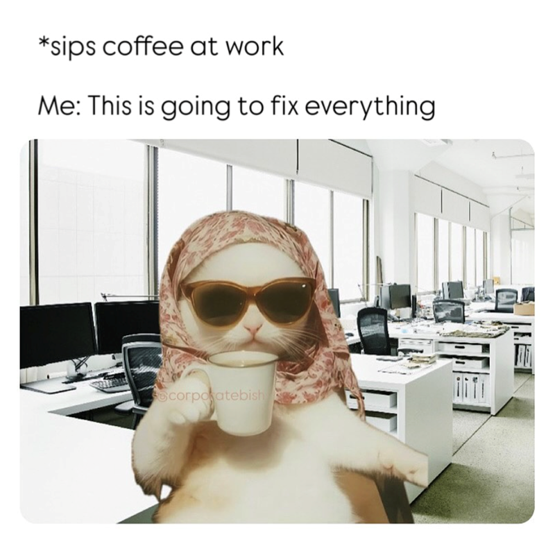 *sips coffee at work Me: This is going to fix everything corporatebish