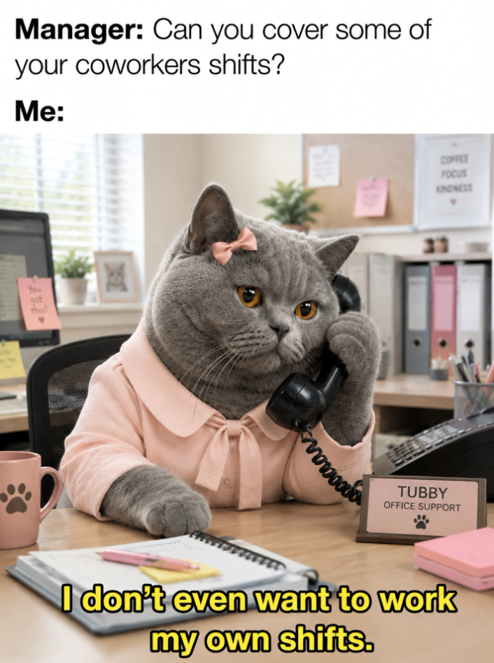 You got this! Manager: Can you cover some of your coworkers shifts? Me: goooaans TUBBY OFFICE SUPPORT I don't even want to work my own shifts. COFFEE FOCUS KINDNESS
