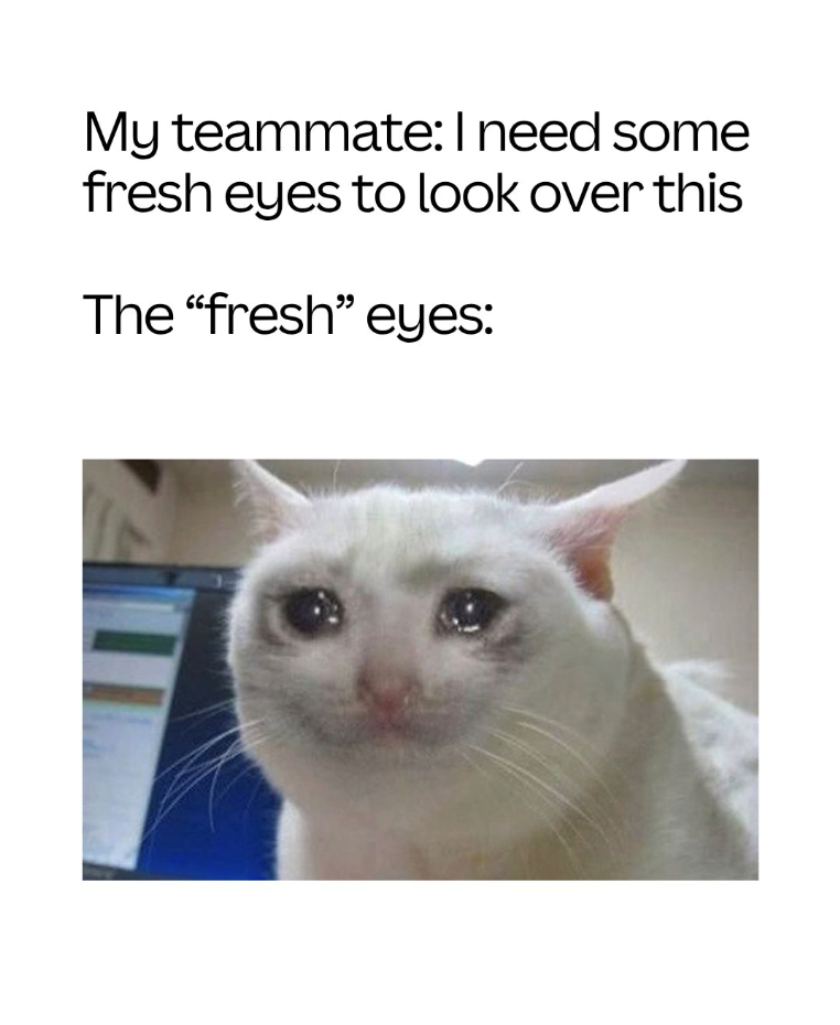 My teammate: I need some fresh eyes to look over this The "fresh" eyes: