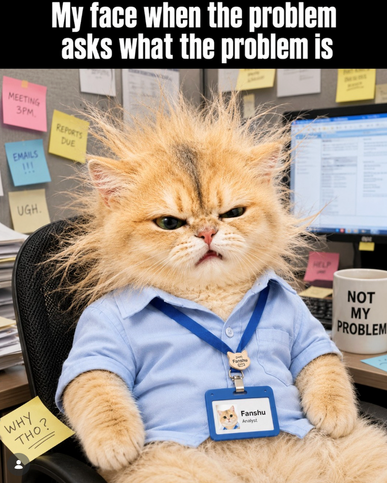My face when the problem asks what the problem is MEETING 3PM. EMAILS 111 REPORTS DUE UGH. WHY THO? Deb Fanshu Fanshu Analyst HELP NOT MY PROBLEM