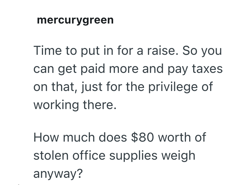mercurygreen Time to put in for a raise. So you can get paid more and pay taxes on that, just for the privilege of working there. How much does $80 worth of stolen office supplies weigh anyway?