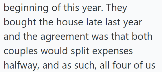 beginning of this year. They bought the house late last year and the agreement was that both couples would split expenses halfway, and as such, all four of us