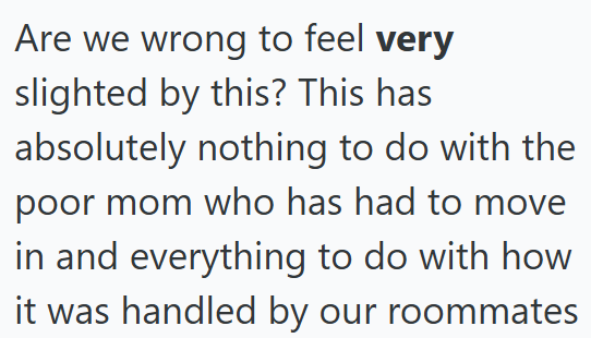 Are we wrong to feel very slighted by this? This has absolutely nothing to do with the poor mom who has had to move in and everything to do with how it was handled by our roommates