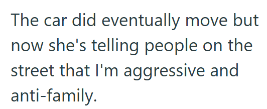 The car did eventually move but now she's telling people on the street that I'm aggressive and anti-family.