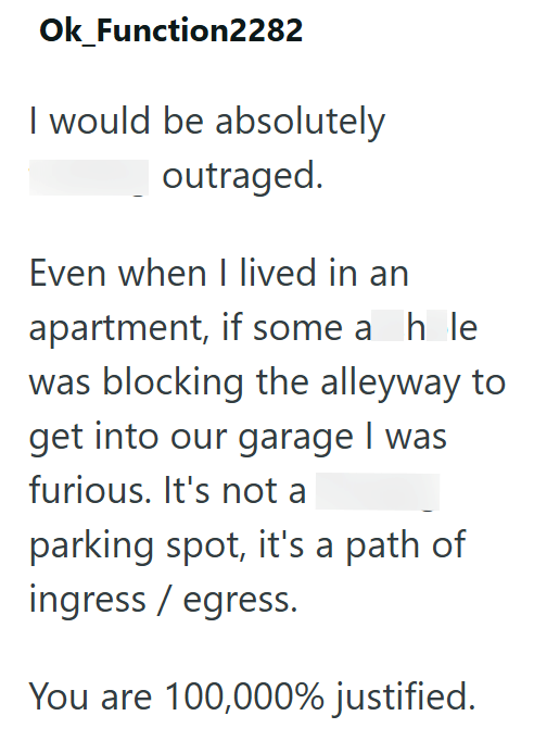Ok_Function2282 I would be absolutely outraged. Even when I lived in an apartment, if some a h le was blocking the alleyway to get into our garage I was furious. It's not a parking spot, it's a path of ingress/egress. You are 100,000% justified.