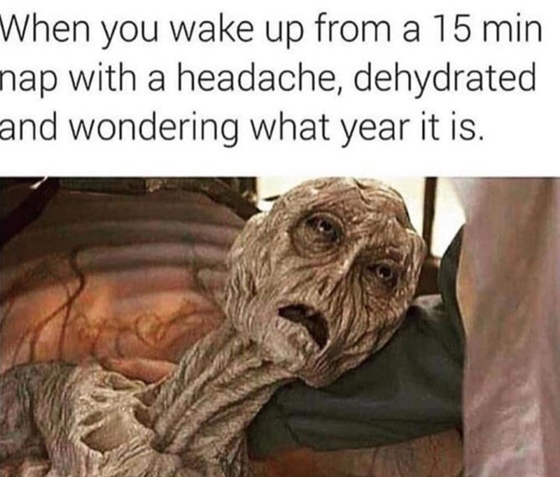 "When you wake up from a 15 min nap with a headache, dehydrated and wondering what year it is.