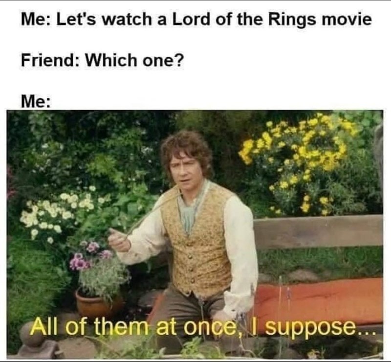 Me: Let's watch a Lord of the Rings movie Friend: Which one? Me: All of them at once, I suppose...