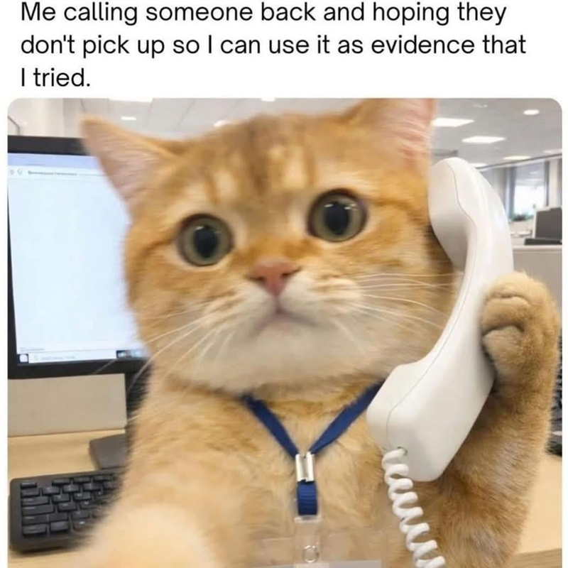 Me calling someone back and hoping they don't pick up so I can use it as evidence that I tried.