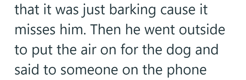 that it was just barking cause it misses him. Then he went outside to put the air on for the dog and said to someone on the phone