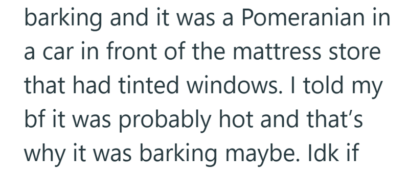 barking and it was a Pomeranian in a car in front of the mattress store that had tinted windows. I told my bf it was probably hot and that's why it was barking maybe. Idk if