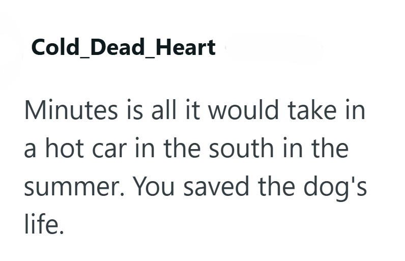 Cold_Dead_Heart Minutes is all it would take in a hot car in the south in the summer. You saved the dog's life.