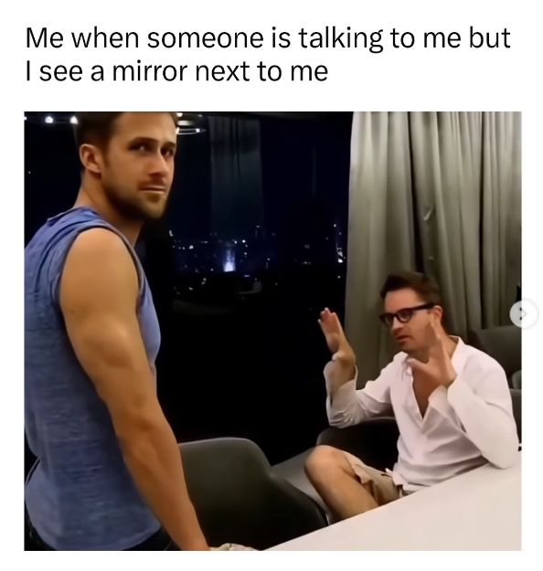 Me when someone is talking to me but I see a mirror next to me
