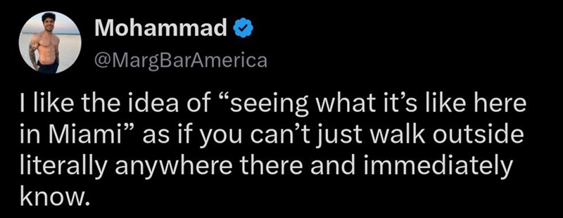 Mohammad @MargBarAmerica I like the idea of "seeing what it's like here in Miami❞ as if you can't just walk outside literally anywhere there and immediately know.