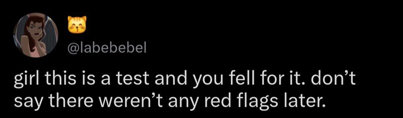 @labebebel girl this is a test and you fell for it. don't say there weren't any red flags later.