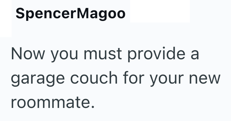 SpencerMagoo Now you must provide a garage couch for your new roommate.