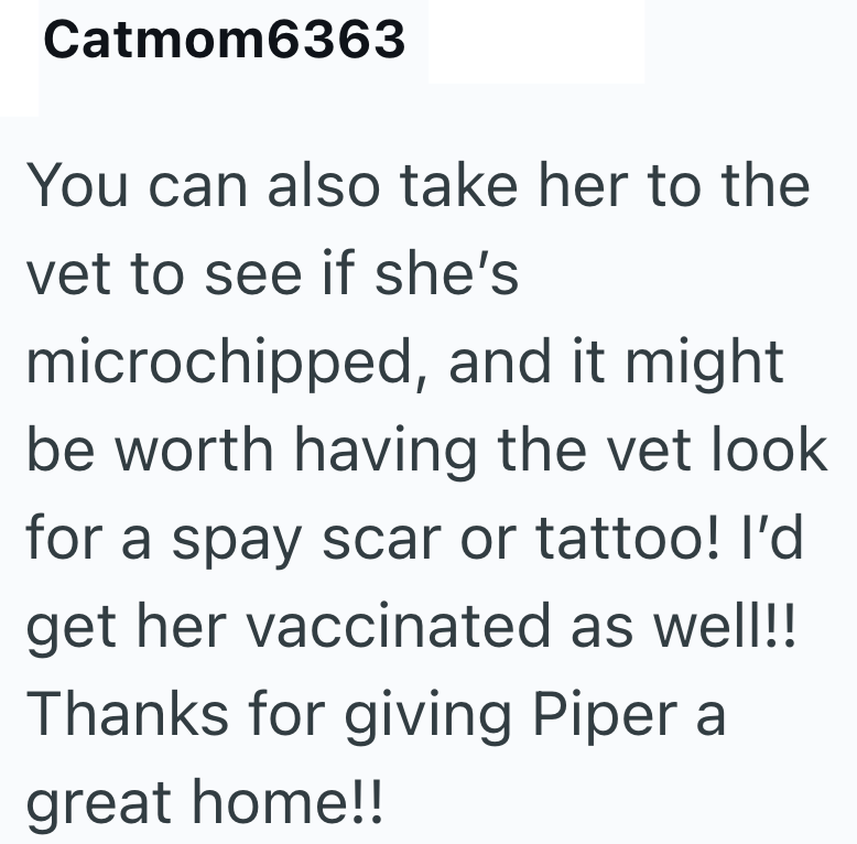 Catmom6363 You can also take her to the vet to see if she's microchipped, and it might be worth having the vet look for a spay scar or tattoo! I'd get her vaccinated as well!! Thanks for giving Piper a great home!!
