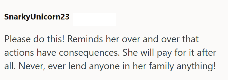 SnarkyUnicorn23 Please do this! Reminds her over and over that actions have consequences. She will pay for it after all. Never, ever lend anyone in her family anything!