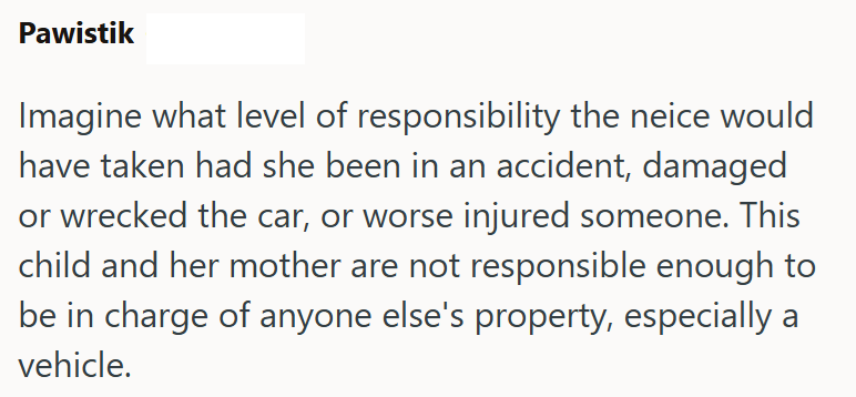 Pawistik Imagine what level of responsibility the neice would have taken had she been in an accident, damaged or wrecked the car, or worse injured someone. This child and her mother are not responsible enough to be in charge of anyone else's property, especially a vehicle.