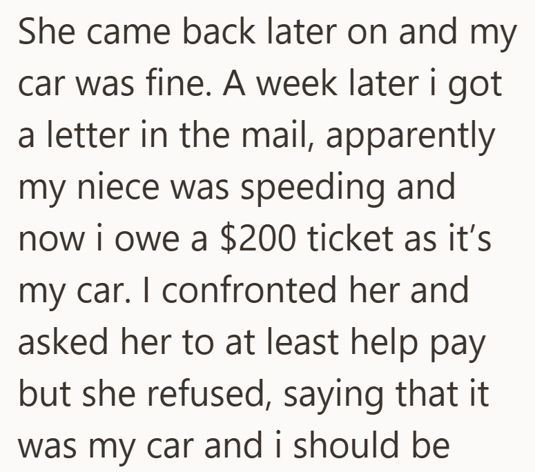 She came back later on and my car was fine. A week later i got a letter in the mail, apparently my niece was speeding and now i owe a $200 ticket as it's my car. I confronted her and asked her to at least help pay but she refused, saying that it was my car and i should be