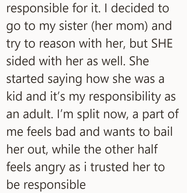 responsible for it. I decided to go to my sister (her mom) and try to reason with her, but SHE sided with her as well. She started saying how she was a kid and it's my responsibility as an adult. I'm split now, a part of me feels bad and wants to bail her out, while the other half feels angry as i trusted her to be responsible