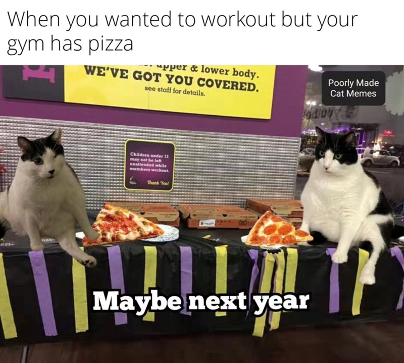 When you wanted to workout but your gym has pizza WE'VE GOT YOU COVERED. pper & lower body. see staff for details. Poorly Made Cat Memes HELL Children under 13 may not be left unattended while members workout. Thank You! Maybe next year