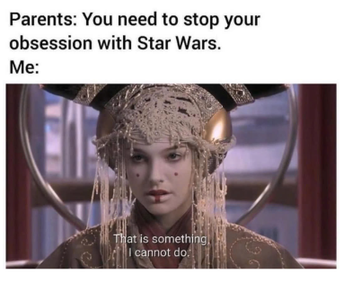 Parents: You need to stop your obsession with Star Wars. Me: That is something I cannot do.