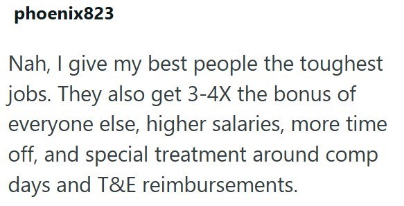 phoenix823 Nah, I give my best people the toughest jobs. They also get 3-4X the bonus of everyone else, higher salaries, more time off, and special treatment around comp days and T&E reimbursements.