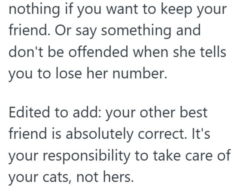 nothing if you want to keep your friend. Or say something and don't be offended when she tells you to lose her number. Edited to add: your other best friend is absolutely correct. It's your responsibility to take care of your cats, not hers.