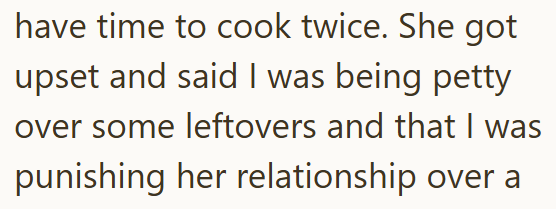 have time to cook twice. She got upset and said I was being petty over some leftovers and that I was punishing her relationship over a