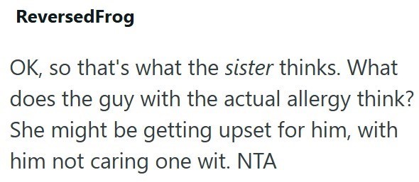 ReversedFrog OK, so that's what the sister thinks. What does the guy with the actual allergy think? She might be getting upset for him, with him not caring one wit. NTA