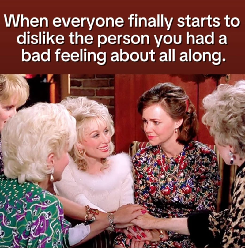 When everyone finally starts to dislike the person you had a bad feeling about all along.