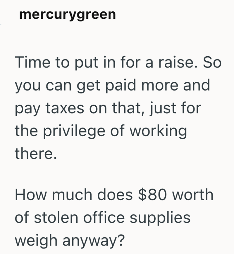 mercurygreen Time to put in for a raise. So you can get paid more and pay taxes on that, just for the privilege of working there. How much does $80 worth of stolen office supplies weigh anyway?