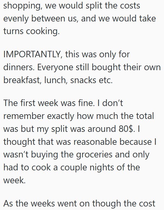 shopping, we would split the costs evenly between us, and we would take turns cooking. IMPORTANTLY, this was only for dinners. Everyone still bought their own breakfast, lunch, snacks etc. The first week was fine. I don't remember exactly how much the total was but my split was around 80$. 1 thought that was reasonable because I wasn't buying the groceries and only had to cook a couple nights of the week. As the weeks went on though the cost