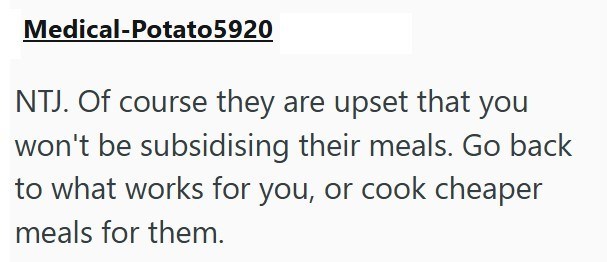 Medical-Potato5920 NTJ. Of course they are upset that you won't be subsidising their meals. Go back to what works for you, or cook cheaper meals for them.