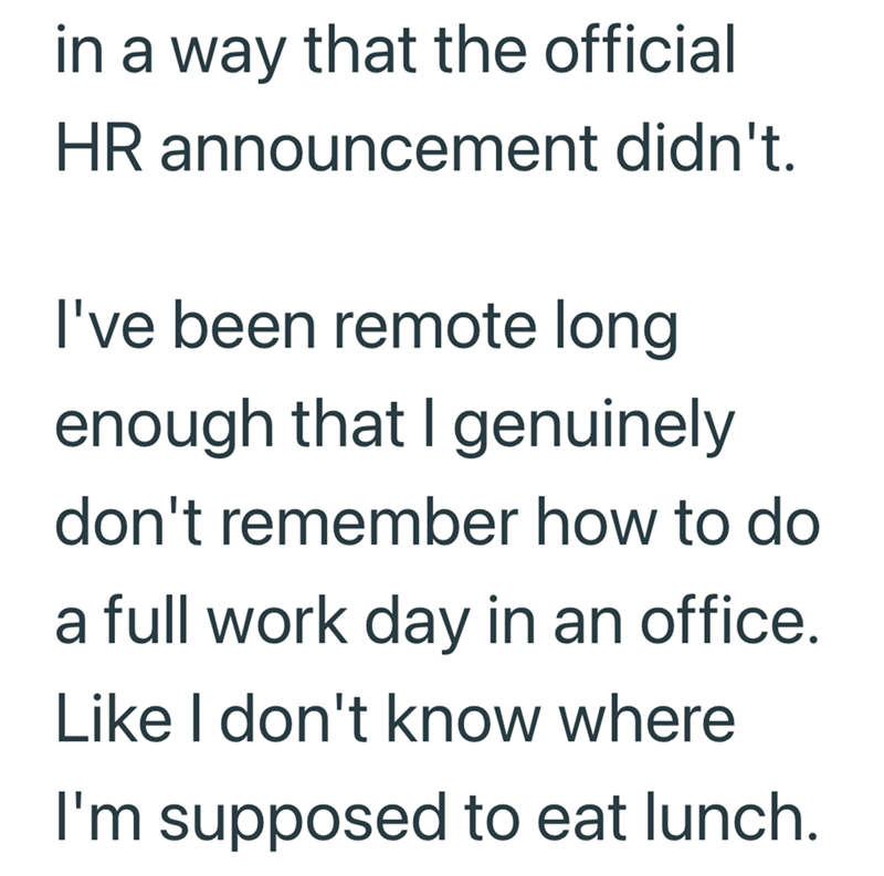 in a way that the official HR announcement didn't. I've been remote long enough that I genuinely don't remember how to do a full work day in an office. Like I don't know where I'm supposed to eat lunch.