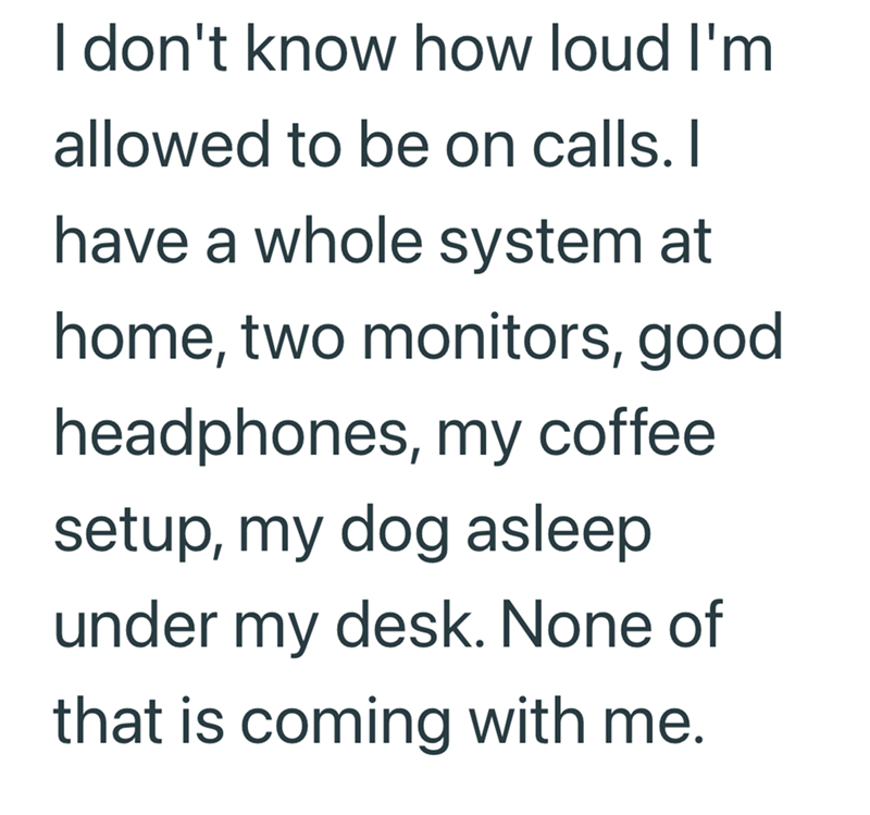 I don't know how loud I'm allowed to be on calls. I have a whole system at home, two monitors, good headphones, my coffee setup, my dog asleep under my desk. None of that is coming with me.