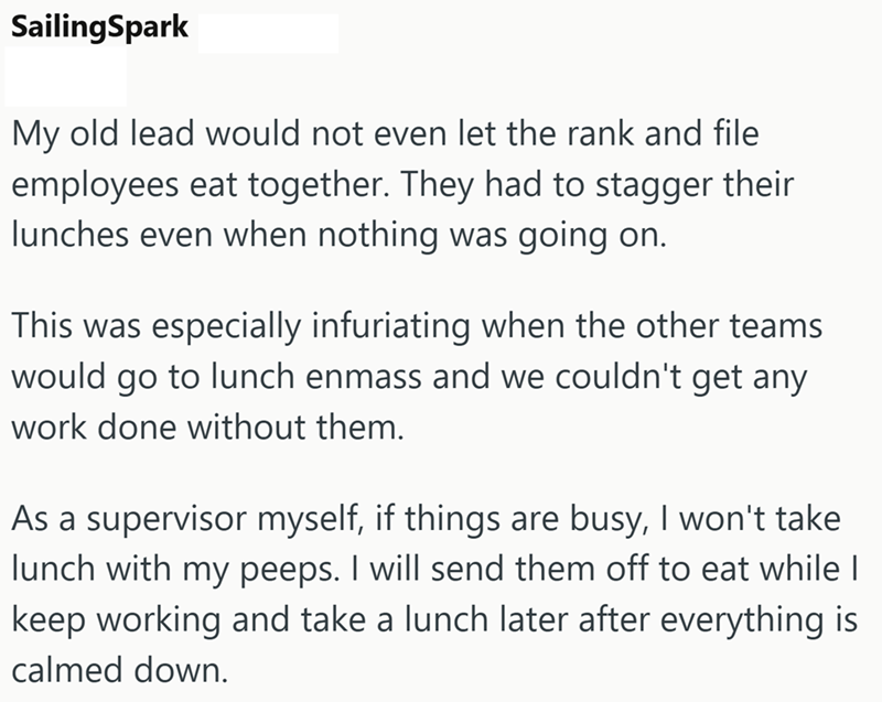 SailingSpark My old lead would not even let the rank and file employees eat together. They had to stagger their lunches even when nothing was going on. This was especially infuriating when the other teams would go to lunch enmass and we couldn't get any work done without them. As a supervisor myself, if things are busy, I won't take lunch with my peeps. I will send them off to eat while I keep working and take a lunch later after everything is calmed down.