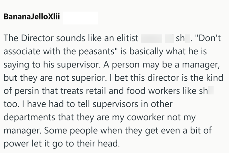 BananaJelloXlii The Director sounds like an elitist sh. "Don't associate with the peasants" is basically what he is saying to his supervisor. A person may be a manager, but they are not superior. I bet this director is the kind of persin that treats retail and food workers like sh too. I have had to tell supervisors in other departments that they are my coworker not my manager. Some people when they get even a bit of power let it go to their head.