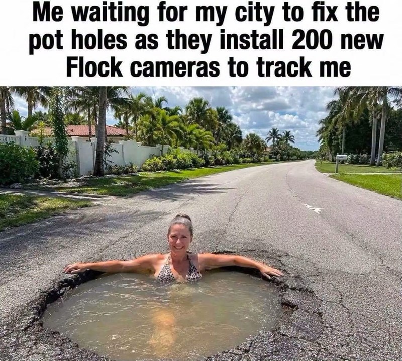 Me waiting for my city to fix the pot holes as they install 200 new Flock cameras to track me