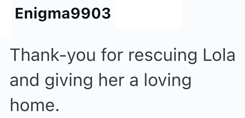 Enigma9903 Thank-you for rescuing Lola and giving her a loving home.