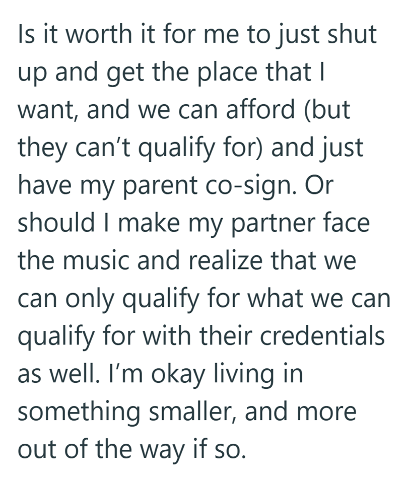 Is it worth it for me to just shut up and get the place that I want, and we can afford (but they can't qualify for) and just have my parent co-sign. Or should I make my partner face the music and realize that we can only qualify for what we can qualify for with their credentials as well. I'm okay living in something smaller, and more out of the way if so.
