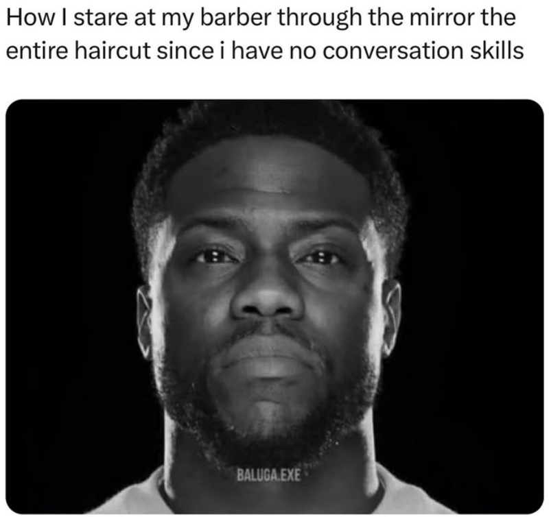 How I stare at my barber through the mirror the entire haircut since i have no conversation skills BALUGA.EXE