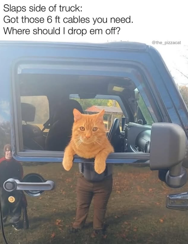 Slaps side of truck: Got those 6 ft cables you need. Where should I drop em off? @the_pizzacat