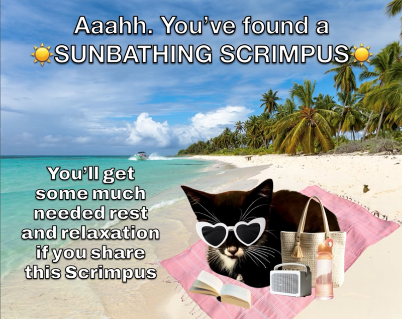 Aaahh. You've found a SUNBATHING SCRIMPUS You'll get some much needed rest and relaxation if you share this Scrimpus