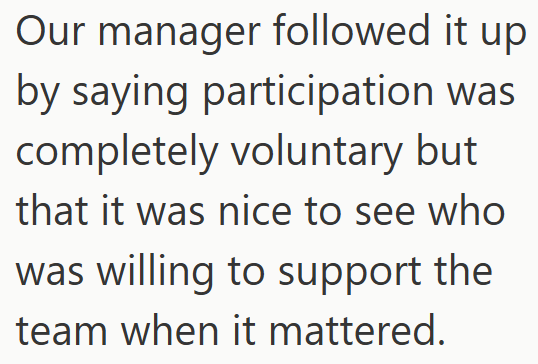 Our manager followed it up by saying participation was completely voluntary but that it was nice to see who was willing to support the team when it mattered.