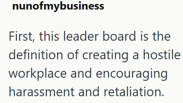 nunofmybusiness First, this leader board is the definition of creating a hostile workplace and encouraging harassment and retaliation.