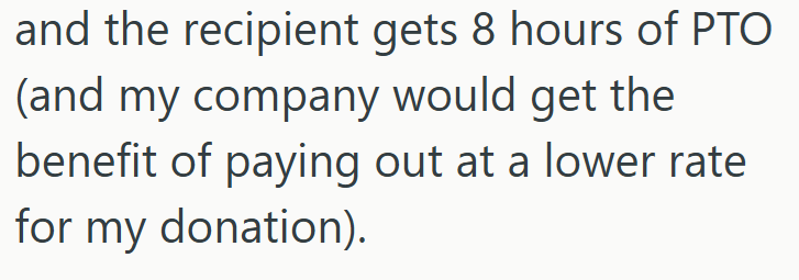 and the recipient gets 8 hours of PTO (and my company would get the benefit of paying out at a lower rate for my donation).