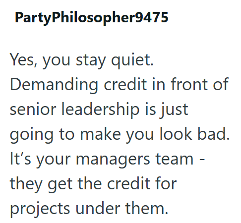 PartyPhilosopher9475 Yes, you stay quiet. Demanding credit in front of senior leadership is just going to make you look bad. It's your managers team they get the credit for projects under them.